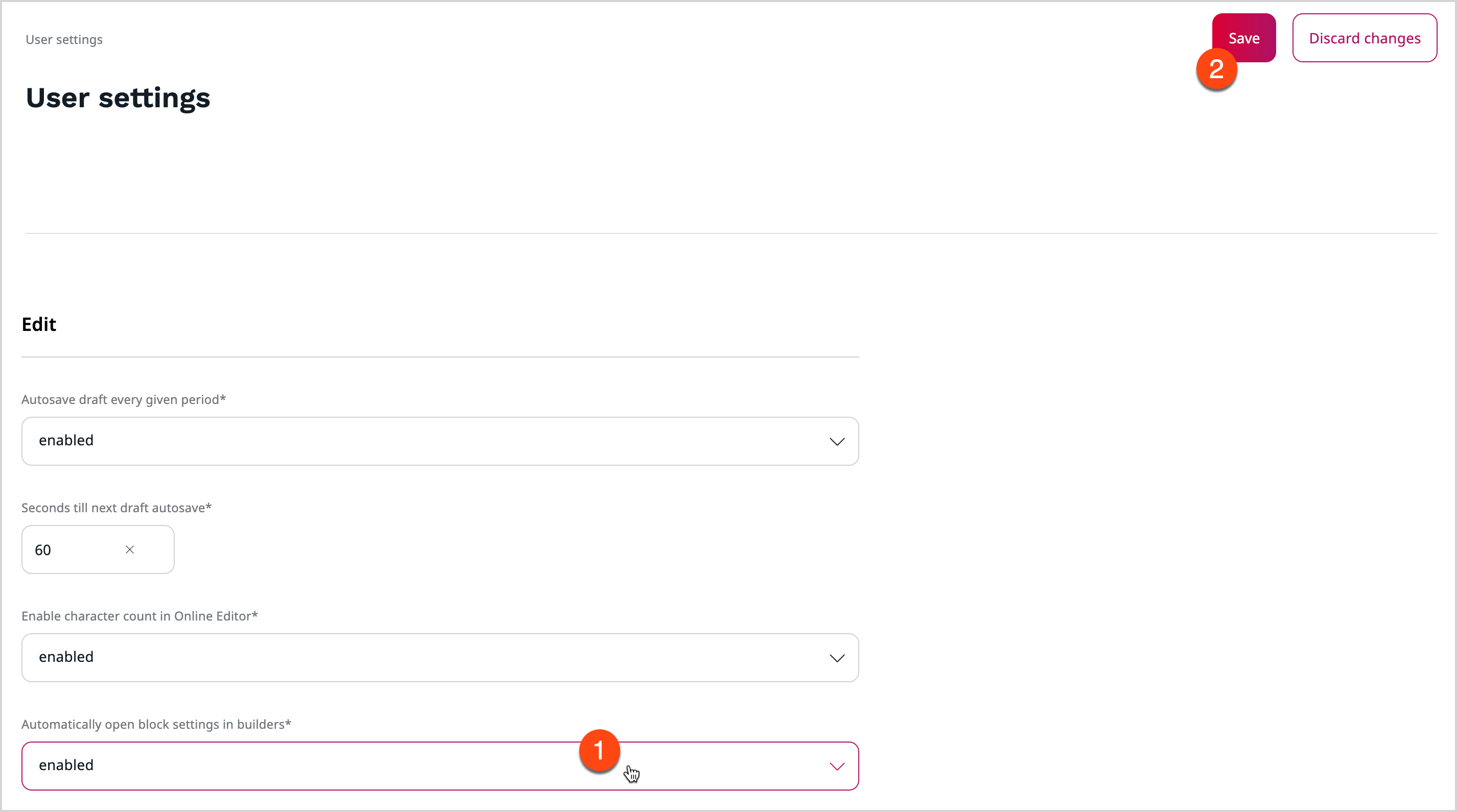 User settings - blocks settings User settings - blocks