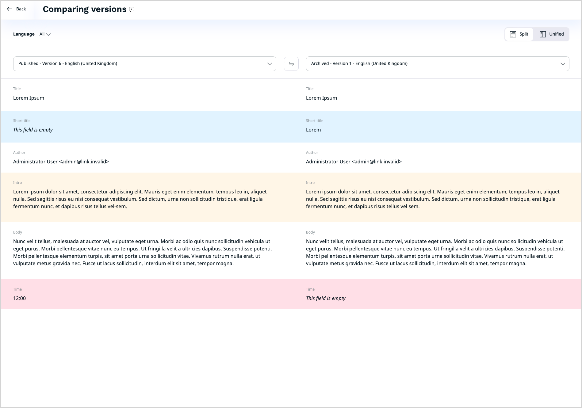Version comparison in Split view Version comparison in Split view