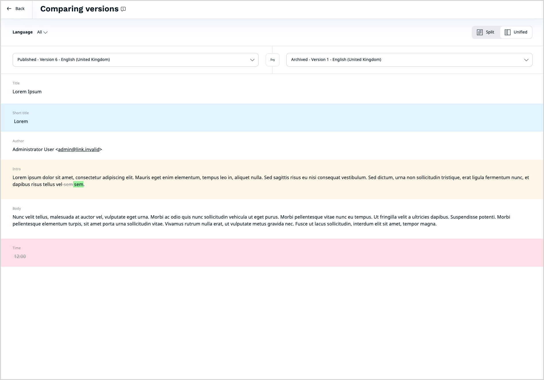 Version comparison in Unified view Version comparison in Unified view