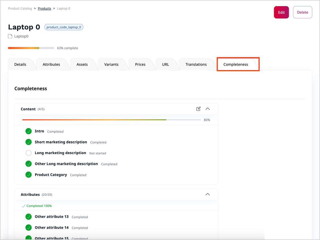 Product completeness screen Product completeness screen